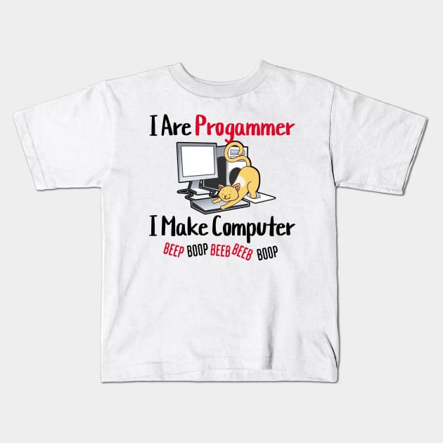 I Are Programmer Beep Boop Cute Programmer Cat Kids T-Shirt by Junalben Mamaril